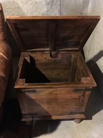Rustic wooden end table with storage, wrought iron hardware.