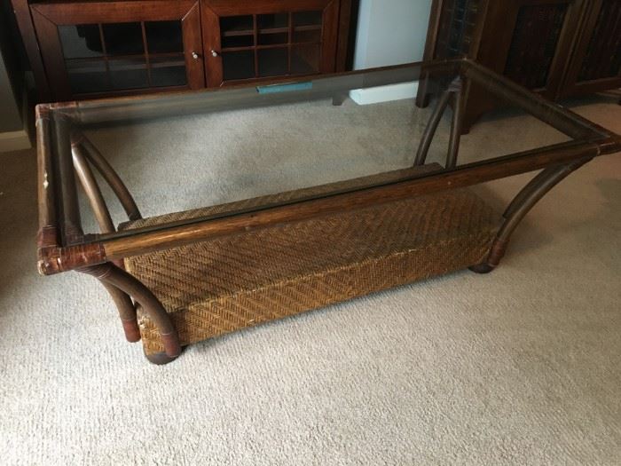 Bamboo/wicker coffee table with glass top.