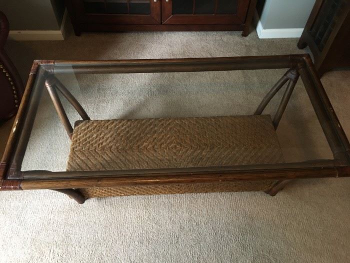 Bamboo/wicker coffee table with glass top.