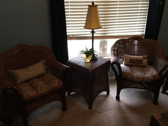 Wicker and bamboo chairs and end table.