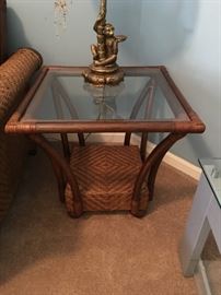 Pretty bamboo and wicker, glass top end table. 