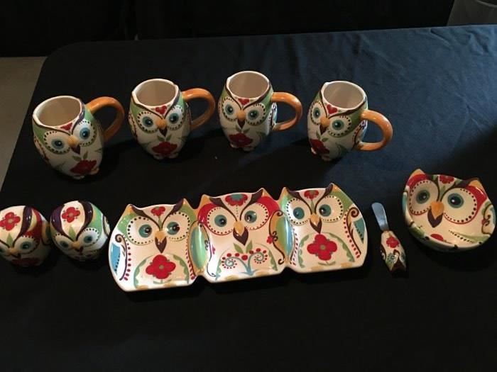 Home Accents by Bella, Owl mugs, salt & pepper shakers, serving platter and dish with knife.