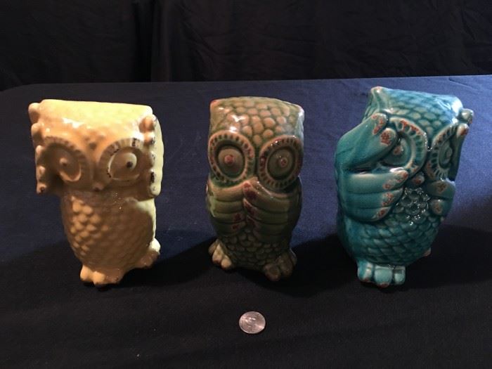 "Hear no evil, speak no evil, see no evil" ceramic owls!