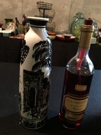 Black and white vase and "wine" bottle oil lamp.
