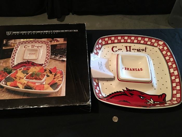 Never used, in box, "Go Hogs!", Kansas chip and dip platter.