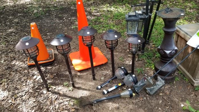 solar powered outdoor lighting and orange cones