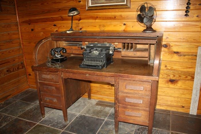 Antique Desk, Typewriter and phone