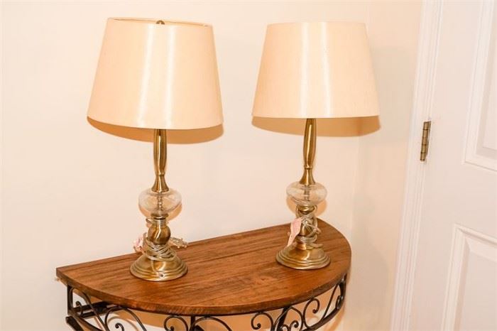 Pair Colonial Style Glass Metal Lamps