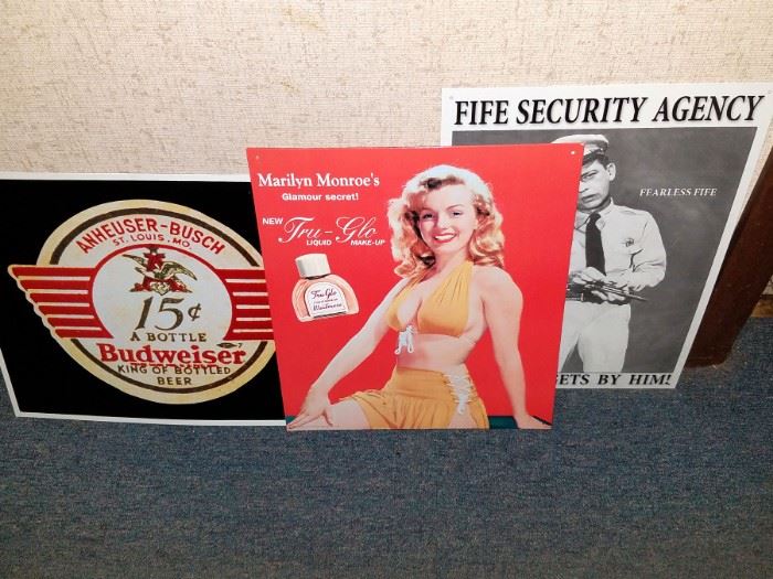 Tin advertising signage. Anheuser-Busch, Marilyn and more