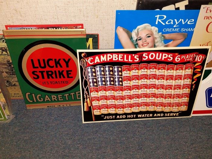 Tin advertising signage. Lucky strike, campbells soups