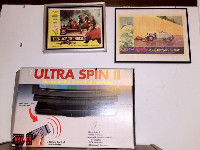 TV turntable, Vintage Teen Age Thunder and Ghost of Dragstrip Hollow lobby cards