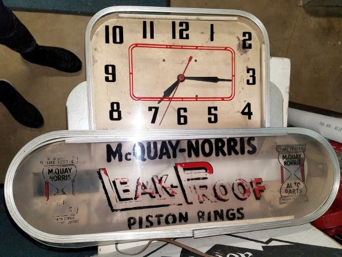 Vintage McQuay-Norris piston rings store signage/clock