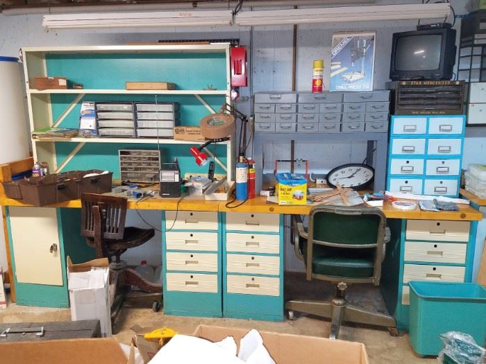 Blue metal shelving and cabinets