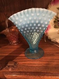 Vintage Blue Hobnail fan vase