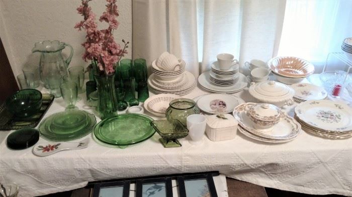 depression glass, sets of china, cake plates,  pitcher and glasses and so much more...