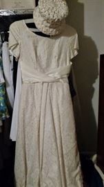 Vintage cream floor length lace dress and matching hat