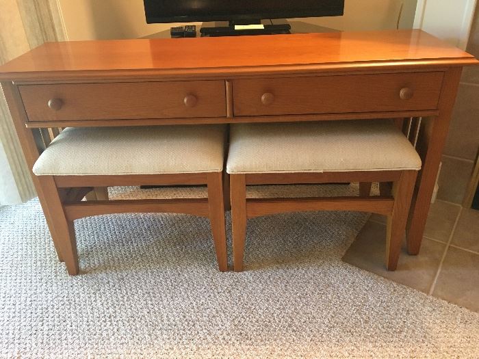 Impressions by Thomasville 2 drawer table and 2 benches,
