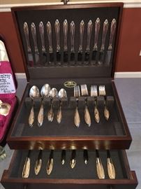 Reed and Barton flatware chest with Yamazaki Patrick Alexandra 57 piece flatware set with decorative gold trim

