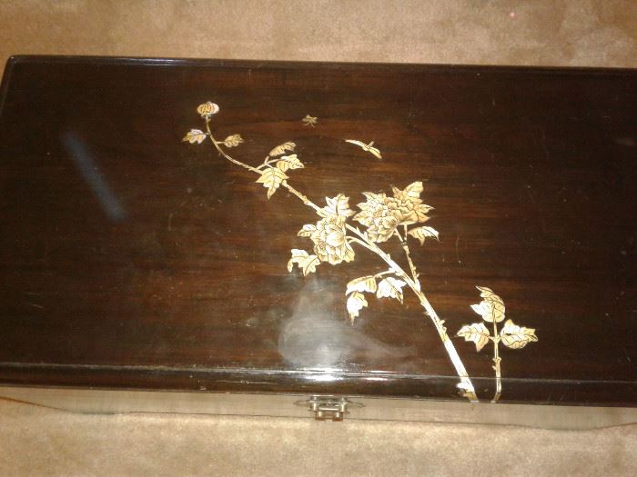Vintage Chinese silverware chest black lacquer with Mother of pearl inlay