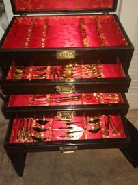Vintage Chinese silverware chest black lacquer, Rogers Gold plated silverware 