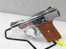 Raven MP-25 / This Raven MP-25 is a small framed semi-automatic pistol which fires six-.25ACP rounds. The pistol was developed by George Jennings, founder of Raven Arms, from 1984 to 1991. The Raven MP-25 was designed as a great option for people seeking the concealability typical of a Saturday Night Special. With Two 6 round magazines and original box; Manufacturer: Raven Arms, Model: MP-25, Caliber: .25 ACP, Capacity: 6+1, Firearm Length: 5 inches, Barrel Length: 2.5 inches, Blade Length: 5 inches, Origin: USA, Finish: Wood / Chrome; FFL #276
