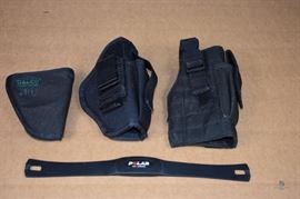 Canvas Holsters with Heart Rate Monitor / 3 Holsters Galco with Metal Clip, Uncle Mike Sidekick size 15, Holster with Knife compartment, Polar T31-Coded Electro Oy Ce0537 N2965. LOCATION 19
