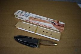 Knife with sheath and sharpener / 7.5" Stainless. Made Pakistan. Sharpener new in box .LOCATION 18

