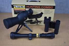 BSA Hunting Combo / New in box. 3-9x40 Rifle Scope, 20x50 Spotting Scope and 10x25 Compact Binoculars. LOCATION 19
