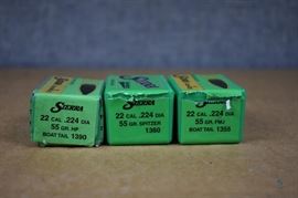 Sierra 22 Cal. .224 Dia  Rifle Bullets / 3 boxes of Rifle Bullets 55 GR.HP Boat Tail 1390, 55 GR. Spitzer 1360, 55 GR. FMJ Boat Tail 1355. Approx. 115 Bullets. LOCATION 19
