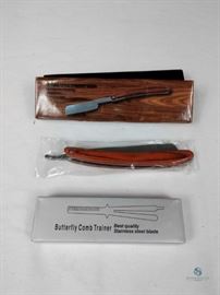 Vintage Style Straight Razor and Butterfly Comb Trainer / Vintage Style Razor with Pakkwood Handle and 440 Stainless Steel Mirror finished Blade and Stainless Steel Butterfly Comb with Wood and Stainless Steel Handle. New in Box. LOCATION 20
