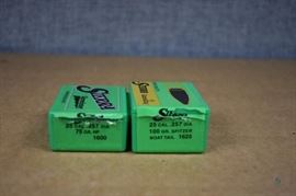 Sierra Rifle 25 Cal. .257  Bullets / 2 boxes 100 GR. Spitzer Boat Tail 1625 and 75 GR. HP 1600. Approx. 140 bullets. LOCATION 19
