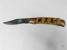 Unknown Brand Leather Wrapped Folding Knife / 4.5" Stainless Steel Blade Made in Pakistan. LOCATION 20
