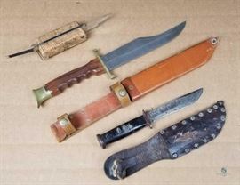 Lot of Three Knives / Includes pocketknife in cork, Original Bowie Knife by Olsen Knife Company (Germany) Hunting Knife (9" blade) with Sheath, Hunting Knife (5-3/4" blade) with Sheath - significant signs of use and pitting LOCATION 20

