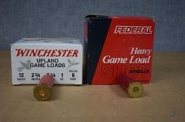 Game Loads / 1 partial box (12) Winchester Upland Shot shells (12 gauge, 2 3/4", 1 oz. 6 shot. 1 partial box (20) heavy game load 12 gauge, 1 1/8 oz. shot, 6 shot. LOCATION 18
