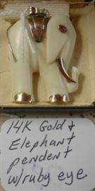14K Gold & Elephant Pendent w/Ruby Eye