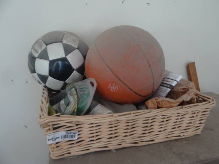 Basket w basket ball, soccer ball misc.