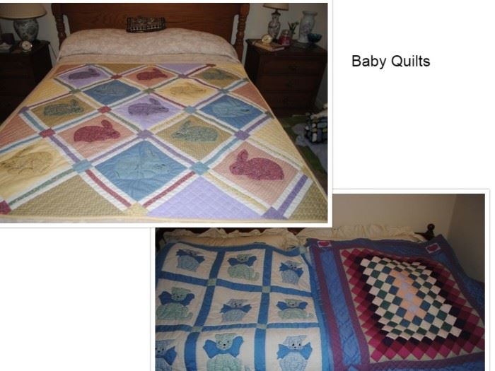 Handmade baby quilts - bunny, dog and cat and squares with hearts