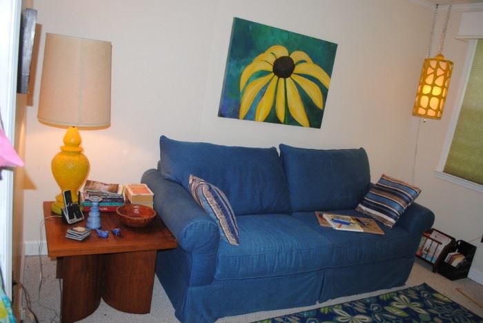 Mid Century lighting, large oil on canvas picture, Haverty denim sofa and mid century table