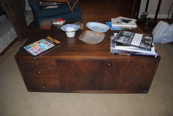 Coffee table - drawers and cabinet on one side and shelves on other side - Large stunning piece!