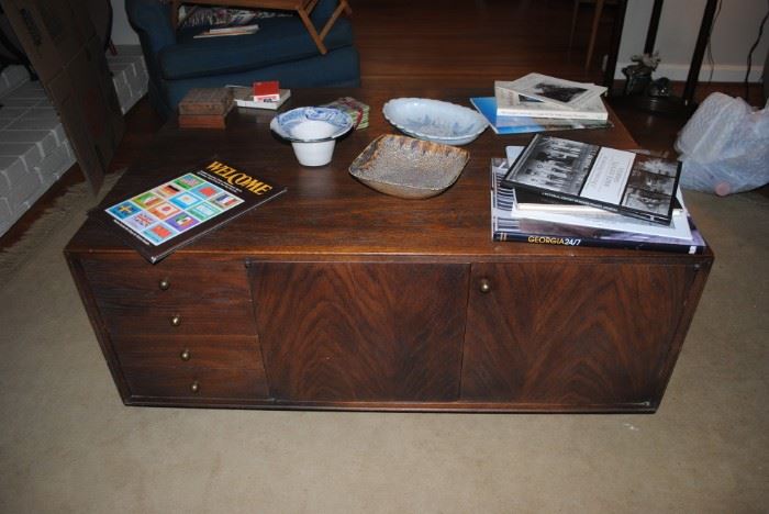 Coffee table - drawers and cabinet on one side and shelves on other side  - Large stunning piece!