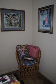 Wicker chair, Oil on canvas and Judy Bynum print