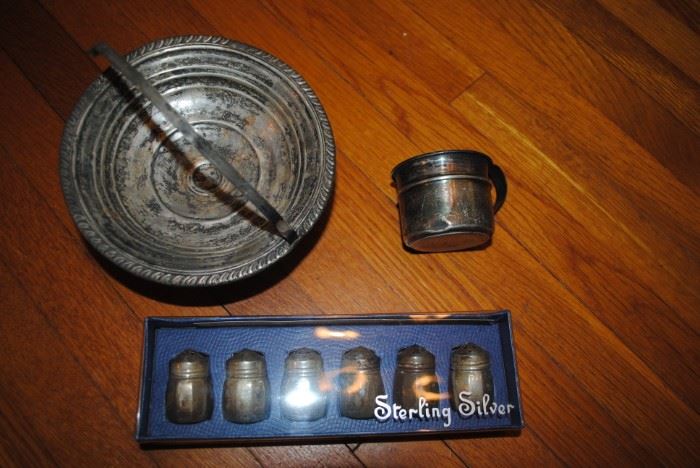 Sterling basket, baby cup and shakers