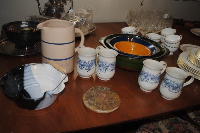 Left to right Down Home Pottery Seagrove, NC basket, Stoneware pitcher, Bob Owens Pottery mugs, 3 pc French bowl set