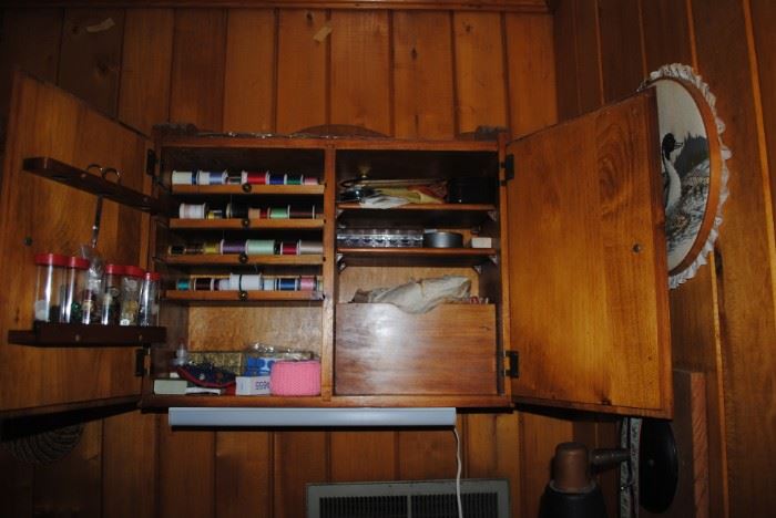 Hanging wood sewing cabinet with contents - Wonderful piece!!