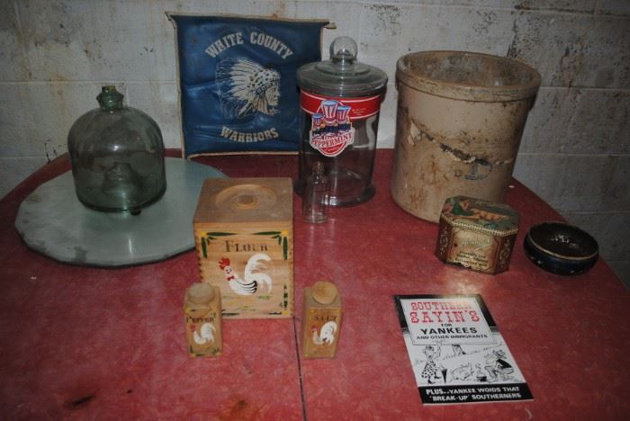 #3 Crock, wood Rooster flour canister and salt and pepper, dresser mirro, vintage Warriors stadium cushion. large glass peppermint candy canister and more