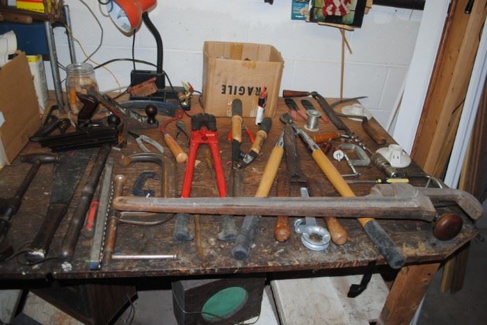 Tools - including 30 plus inch wrench, Stanley all metal planer and a vintage Craftsman planer
