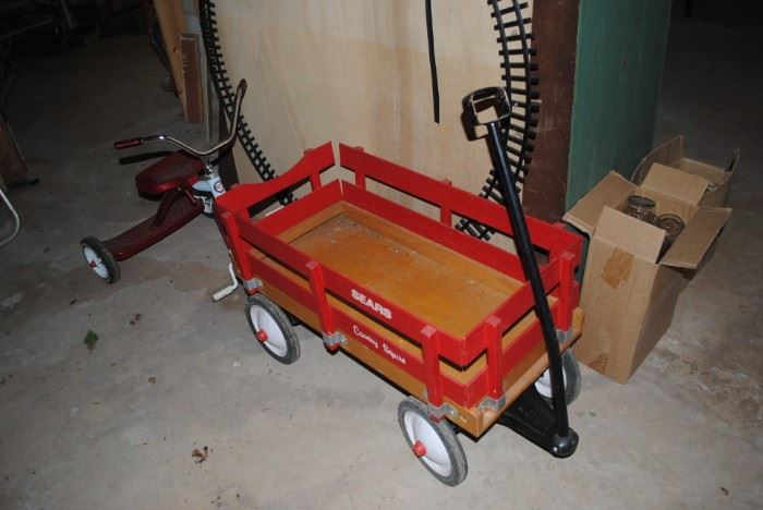 Vintage Sears Country Squire wagon and Roadmaster tricycle