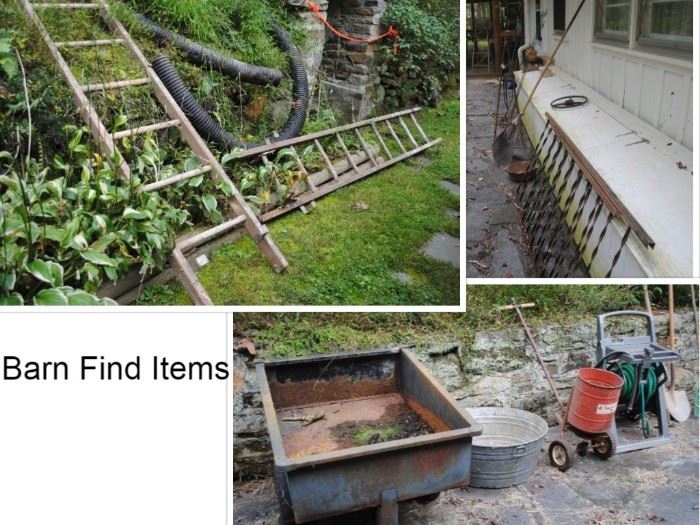 Wood ladders, Tractor Cart, Galvanized Tub, Spreader, hose and reel. yard tools, Vintage metal porch rails