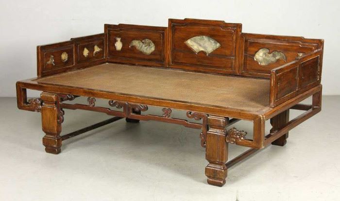 19C CHINESE DAYBED WITH MARBLE INSETS