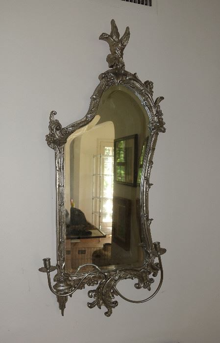 RARE SILVER LEAF WOOD SWAN MIRROR WITH ATTACHED CANDLEABRA